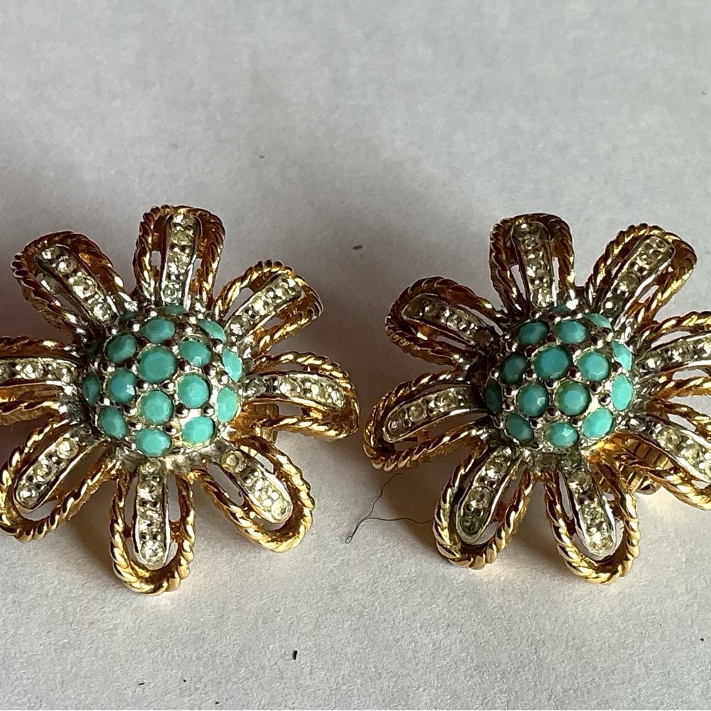 Vintage D’Orlan Gold and Faux Turquoise Flower Earrings